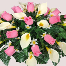 Load image into Gallery viewer, Baby Pink Rosebud and Cream Calla Lily Memorial Decoration set: includes 1 headstone saddle &amp; 2 cemetery cones
