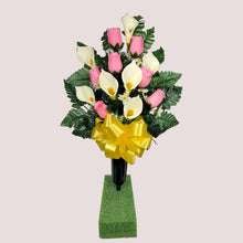 Load image into Gallery viewer, Baby Pink Rosebud and Cream Calla Lily Cemetery Cone Memorial Decoration
