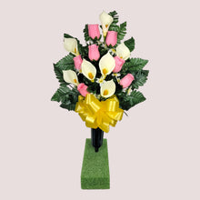 Load image into Gallery viewer, Baby Pink Rosebud and Cream Calla Lily Cemetery Cone Memorial Decoration
