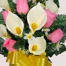 Load image into Gallery viewer, Baby Pink Rosebud and Cream Calla Lily Cemetery Cone Memorial Decoration
