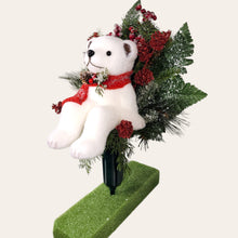 Load image into Gallery viewer, This Christmas memorial cone comes with a sitting bear, frosted berries, and red glitter pinecones. It is a funeral or cemetery decoration.
