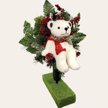 Load image into Gallery viewer, This Christmas memorial cone pair comes with a sitting bear, frosted berries, and red glitter pinecones. It is 2 funeral or cemetery decorations.
