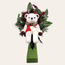 Load image into Gallery viewer, This Christmas memorial cone pair comes with a sitting bear, frosted berries, and red glitter pinecones. It is 2 funeral or cemetery decorations.
