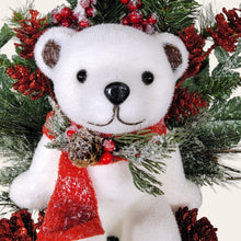 Load image into Gallery viewer, This Christmas memorial cone comes with a sitting bear, frosted berries, and red glitter pinecones. It is a funeral or cemetery decoration.
