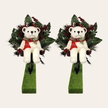 Load image into Gallery viewer, This Christmas memorial cone pair comes with a sitting bear, frosted berries, and red glitter pinecones. It is 2 funeral or cemetery decorations.
