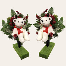 Load image into Gallery viewer, This Christmas memorial cone pair comes with a sitting bear, frosted berries, and red glitter pinecones. It is 2 funeral or cemetery decorations.
