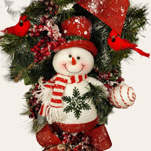 Load image into Gallery viewer, This is a teardrop door hanging that is festive for the Christmas season. It has a snowman, berries, cardinals, and 2 holiday bows.
