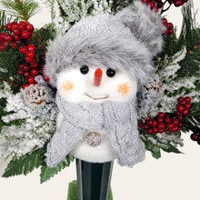 Load image into Gallery viewer, This cemetery cone comes with a cute smiling snowman, red berries, and a gray stocking cap. It is a Christmas memorial decoration.
