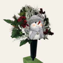 Load image into Gallery viewer, This cemetery cone comes with a cute smiling snowman, red berries, and a gray stocking cap. It is a Christmas memorial decoration.
