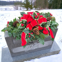 Load image into Gallery viewer, Holly and Cardinal Christmas cemetery saddle has a giant red velvet bow, winter greens, and 2 Red Birds for Winter memorial decorating.
