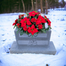 Load image into Gallery viewer, This Headstone Saddle is made with grave flowers including Red and White Poinsettia. It is a perfect winter memorial decoration.
