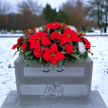 Load image into Gallery viewer, This Headstone Saddle is made with grave flowers including Red and White Poinsettia. It is a perfect winter memorial decoration.
