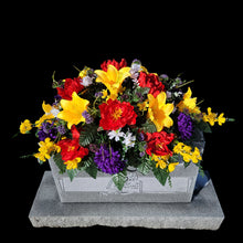 Load image into Gallery viewer, This is a Headstone Saddle with Trumpet Lillies, Peonies, mums, and delphinium. It is a memorial arrangement for a funeral or cemetery.
