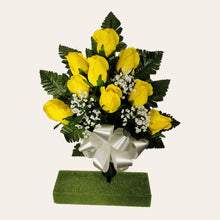 Load image into Gallery viewer, This cemetery cone arrangement has grave flowers including yellow ruffled rosebuds &amp; baby's breath. It's a cemetery memorial decoration.
