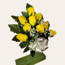 Load image into Gallery viewer, This cemetery cone arrangement has grave flowers including yellow ruffled rosebuds &amp; baby's breath. It's a cemetery memorial decoration.
