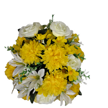 Load image into Gallery viewer, This 360-degree Rose, Mum, and Lily cemetery cone has yellow roses, mums, and lilies. This is a beautiful spring memorial decoration.
