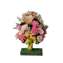 Load image into Gallery viewer, This 360-degree Rose, Mum, and Lily cemetery cone has pink roses, mums, and lilies. This is a beautiful spring memorial decoration.
