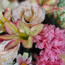 Load image into Gallery viewer, This 360-degree Rose, Mum, and Lily cemetery cone has pink roses, mums, and lilies. This is a beautiful spring memorial decoration.
