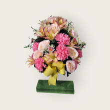 Load image into Gallery viewer, This 360-degree Rose, Mum, and Lily cemetery cone has pink roses, mums, and lilies. This is a beautiful spring memorial decoration.
