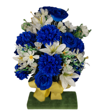 Load image into Gallery viewer, This 360-degree Rose, Mum, and Lily cemetery cone has blue roses, mums, and lilies. This is a beautiful spring memorial decoration.
