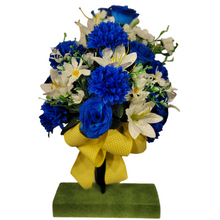 Load image into Gallery viewer, This 360-degree Rose, Mum, and Lily cemetery cone has blue roses, mums, and lilies. This is a beautiful spring memorial decoration.
