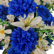 Load image into Gallery viewer, This 360-degree Rose, Mum, and Lily cemetery cone has blue roses, mums, and lilies. This is a beautiful spring memorial decoration.

