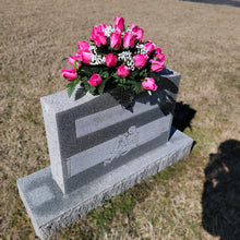 Load image into Gallery viewer, Headstone saddle with pink rosebud grave flowers. It is a funeral, cemetery, or memorial decoration.
