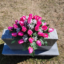 Load image into Gallery viewer, Headstone saddle with pink rosebud grave flowers. It is a funeral, cemetery, or memorial decoration.
