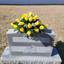 Load image into Gallery viewer, Headstone saddle with yellow rosebud grave flowers. It is a funeral, cemetery, or memorial decoration.
