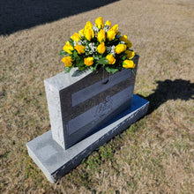 Load image into Gallery viewer, Headstone saddle with yellow rosebud grave flowers. It is a funeral, cemetery, or memorial decoration.
