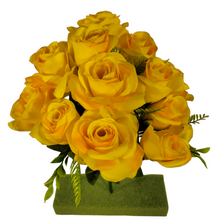 Load image into Gallery viewer, Artificial Flowering Bush 21&quot; Tall Yellow Rose Bush with 12 Blooms and silk fern greenery. For memorial, craft supply, home decor, and more!
