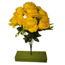 Load image into Gallery viewer, Artificial Flowering Bush 21&quot; Tall Yellow Rose Bush with 12 Blooms and silk fern greenery. For memorial, craft supply, home decor, and more!
