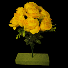 Load image into Gallery viewer, Artificial Flowering Bush 21&quot; Tall Yellow Rose Bush with 12 Blooms and silk fern greenery. For memorial, craft supply, home decor, and more!
