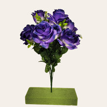 Load image into Gallery viewer, Artificial Flowering Bush 21&quot; Tall Purple Rose Bush with 12 Blooms and silk fern greenery. For memorial, craft supply, home decor, and more!
