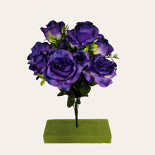 Load image into Gallery viewer, Artificial Flowering Bush 21&quot; Tall Purple Rose Bush with 12 Blooms and silk fern greenery. For memorial, craft supply, home decor, and more!
