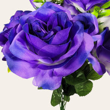 Load image into Gallery viewer, Artificial Flowering Bush 21&quot; Tall Purple Rose Bush with 12 Blooms and silk fern greenery. For memorial, craft supply, home decor, and more!
