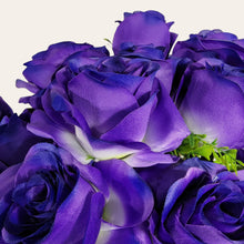 Load image into Gallery viewer, Artificial Flowering Bush 21&quot; Tall Purple Rose Bush with 12 Blooms and silk fern greenery. For memorial, craft supply, home decor, and more!
