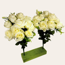 Load image into Gallery viewer, 2 Artificial Flowering Bushes 21&quot; Tall Cream Rose Bush with 12 Blooms and greenery. For memorial, craft supply, home decor, and more!
