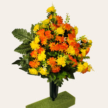 Load image into Gallery viewer, This cemetery cone has grave flowers including orange and yellow mini mums. It is perfect for a funeral or cemetery decoration.
