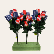 Load image into Gallery viewer, This is a Lot of 3-- 17", 11 bloom Stars and Stripes Patriotic Silk Rosebud Bushes that makes a great floral craft supply!!

