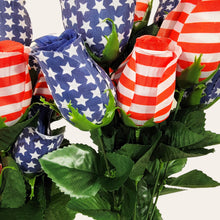 Load image into Gallery viewer, This is a Lot of 3-- 17", 11 bloom Stars and Stripes Patriotic Silk Rosebud Bushes that makes a great floral craft supply!!
