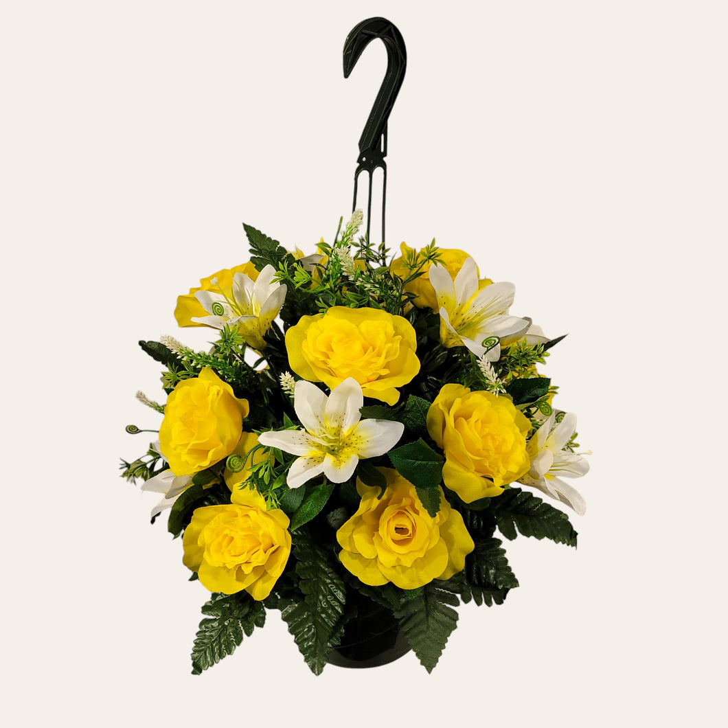 Yellow Rose and White Lily Cemetery Hanging Basket