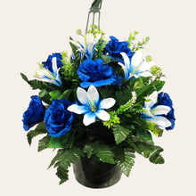 Load image into Gallery viewer, Blue Rose and White Lily Cemetery Hanging Basket
