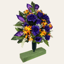 Load image into Gallery viewer, This cemetery cone has grave flowers including purple Calla Lily and Roses and Orange Tweedia. It is a perfect spring memorial decoration.
