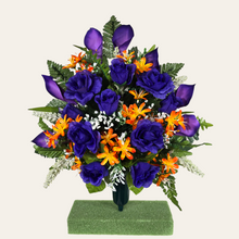Load image into Gallery viewer, This cemetery cone has grave flowers including purple Calla Lily and Roses and Orange Tweedia. It is a perfect spring memorial decoration.

