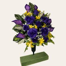 Load image into Gallery viewer, This cemetery cone has grave flowers including purple Calla Lily and Roses and Yellow Tweedia. It is a perfect spring memorial decoration.
