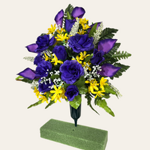 Load image into Gallery viewer, This cemetery cone has grave flowers including purple Calla Lily and Roses and Yellow Tweedia. It is a perfect spring memorial decoration.
