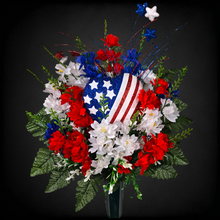 Load image into Gallery viewer, This cemetery cone has grave flowers including Red, White, &amp; Blue Larkspur and American Flag heart. It is a patriotic memorial decoration.
