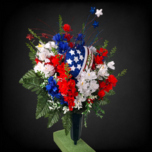 Load image into Gallery viewer, This cemetery cone has grave flowers including Red, White, &amp; Blue Larkspur and American Flag heart. It is a patriotic memorial decoration.
