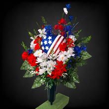 Load image into Gallery viewer, This cemetery cone has grave flowers including Red, White, &amp; Blue Larkspur and American Flag heart. It is a patriotic memorial decoration.
